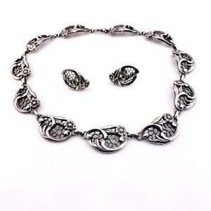 SET Danecraft Art Deco Sterling Silver Floral Filigree Necklace 15” & Earrings